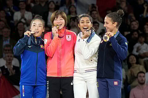 Medal ceremony for women's -48kg event in team judo competition